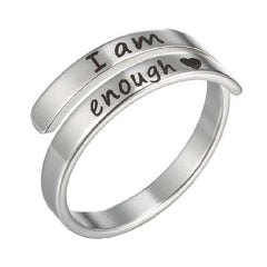 Silver 'I am enough' ring with heart, inspirational jewelry gift for her