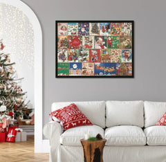 Framed vintage Christmas advent calendar art above white sofa in festive living room