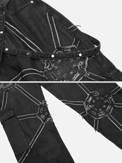 Distressed black denim jacket with ripped details and white stitching, edgy streetwear style
