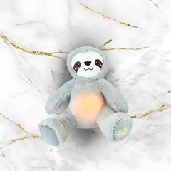 Cute gray sloth plushie with glowing heart, perfect family gift on marble background