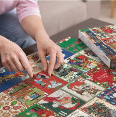 Holiday-themed jigsaw puzzle with festive Christmas scenes and numbered tiles being assembled.