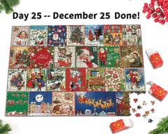 Completed Christmas advent calendar puzzle with festive holiday scenes and numbered days