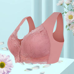 Pink lace front-closure bra with floral accents, ideal gift for women