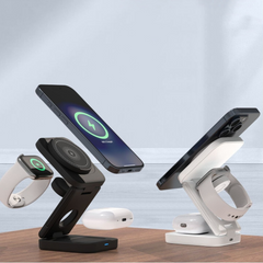 Wireless charging station for phone, smartwatch, and earbuds, sleek black and white design