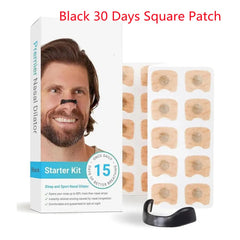 Black nasal dilator starter kit with 15 square patches for better breathing during sleep and sports