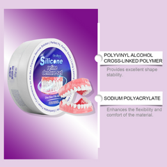 Silicone reline denture set with soft fit, perfect smile, one size fits all, polyvinyl alcohol & sodium polyacrylate materials