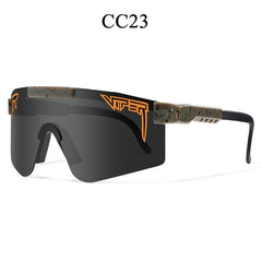Stylish black shield sunglasses with orange Viper logo, speckled arms, model CC23