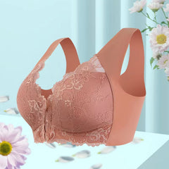 Pink lace bra with floral design, soft straps, and elegant detailing for women's comfort and style