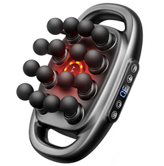 Black handheld massager with glowing red nodes and digital controls for muscle relaxation