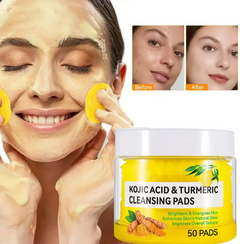 Kojic Acid & Turmeric Cleansing Pads for brightening skin, shown with woman applying mask and before/after results