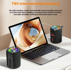 TWS interconnectible speakers with laptop, creating immersive stereo sound for music playback