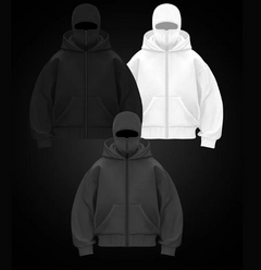 Black, white, and gray zip-up hoodies with face cover hoods for cozy streetwear style