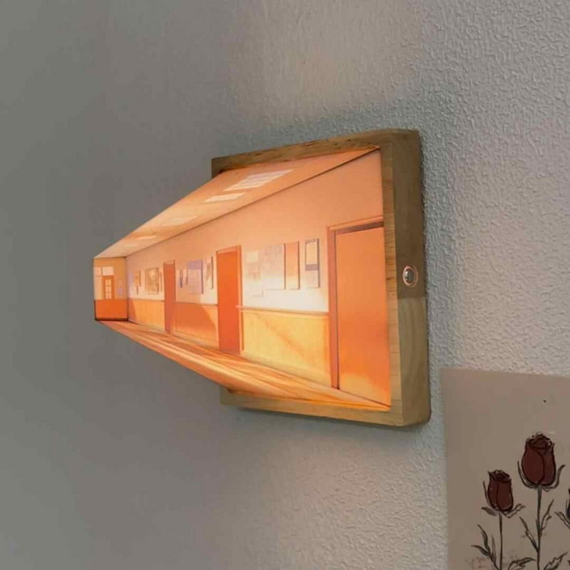 Wooden 3D hallway wall light with warm glow, modern home decor for cozy rooms