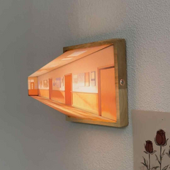 Wood-framed 3D hallway wall light with warm glow, perfect for cozy home decor or unique gift ideas