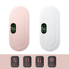 Pink and white portable foot warmers with digital display, 3 heat settings, vibration massage, quick heat