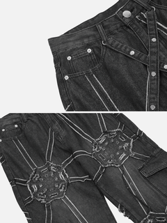 Black distressed denim jeans with spiderweb embroidery and ripped details, stylish gift for fashion lovers