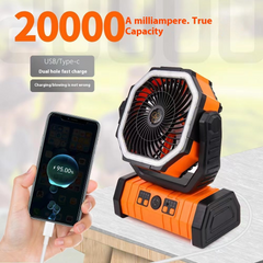 20000mAh portable fan with USB/Type-C charging, dual hole fast charge, and phone charging feature