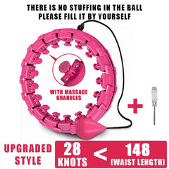 Pink massage hula hoop with 28 knots, adjustable for waist up to 148cm, includes screwdriver for assembly