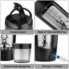 Portable protein shaker with handle, Tritan BPA-free bottle, powder storage box, and USB-C charging