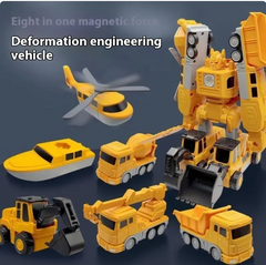 Yellow magnetic transformation toy set with 8-in-1 engineering vehicles and robot mode
