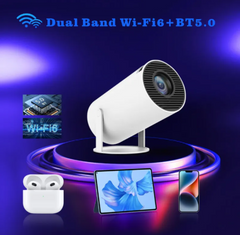 Dual Band Wi-Fi 6 + BT5.0 wireless camera with smartphone, tablet, and earbuds on glowing purple base