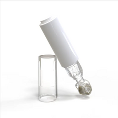 White derma roller with clear handle and metal microneedles, ideal for skincare routines