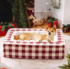 Cozy red and white checkered dog bed with fluffy lining, perfect holiday gift for pets