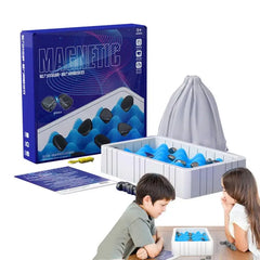 Kids playing magnetic strategy game with blue waves and black pieces, educational fun for ages 9+