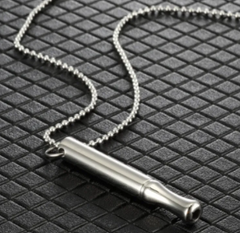 Stainless steel whistle pendant on ball chain necklace, sleek design for everyday wear or outdoor use