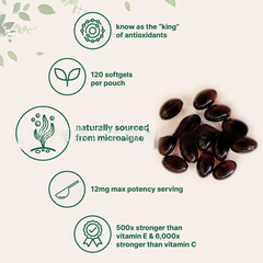 Dark antioxidant softgels, naturally sourced from microalgae, 120 per pouch, 12mg potency, 500x stronger than vitamin E