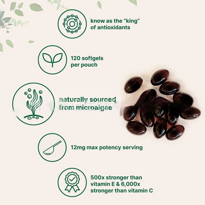 Dark antioxidant softgels, naturally sourced from microalgae, 120 per pouch, 12mg potency, 500x stronger than vitamin E