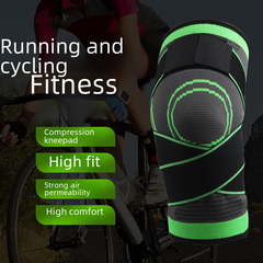 Black and neon green compression knee pad for running and cycling fitness, high fit, breathable, comfortable support