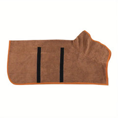 Brown horse blanket with black straps and orange trim, cozy equestrian gear for pets