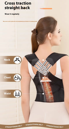 Woman wearing black posture corrector belt for neck, chest, and waist alignment support