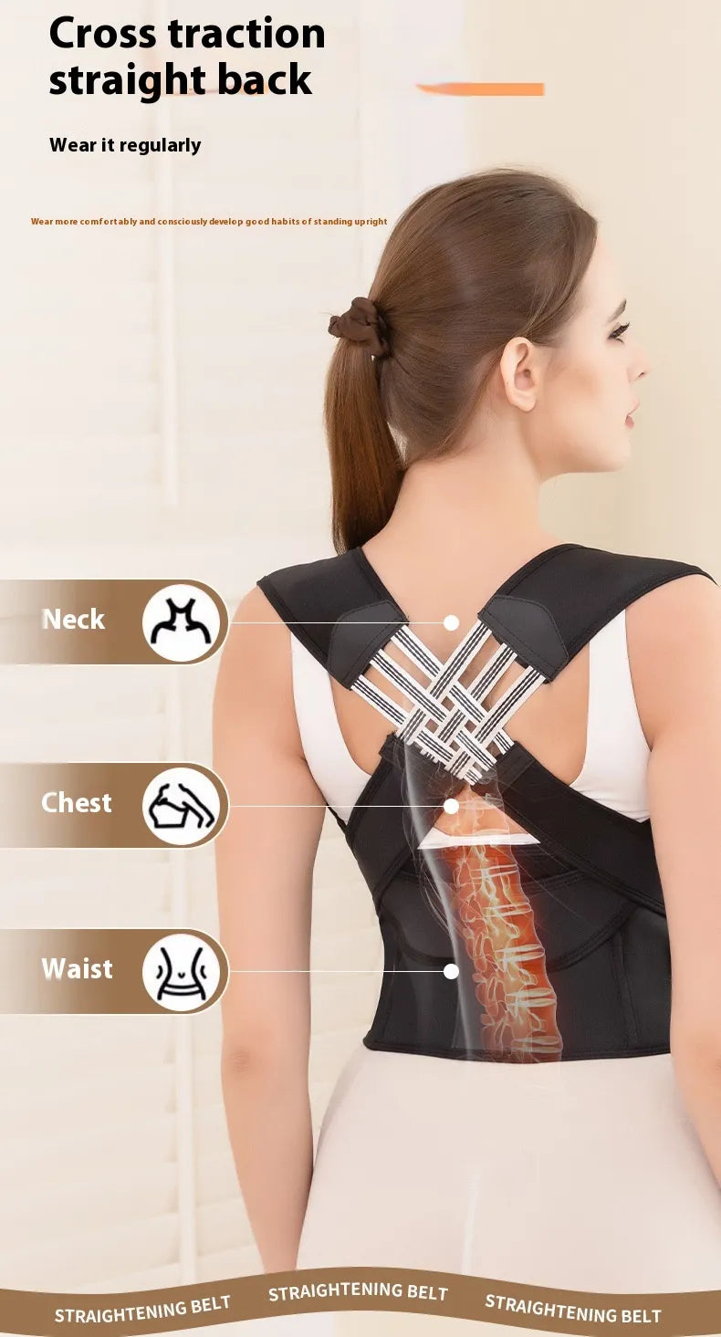 Woman wearing black posture corrector belt for neck, chest, and waist alignment support