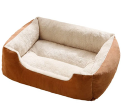 Cozy brown and cream plush dog bed for pets, soft and warm comfort for home use