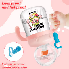 Leak-proof baby sippy cup with cartoon design, pink handle, and automatic locking valve for safe drinking