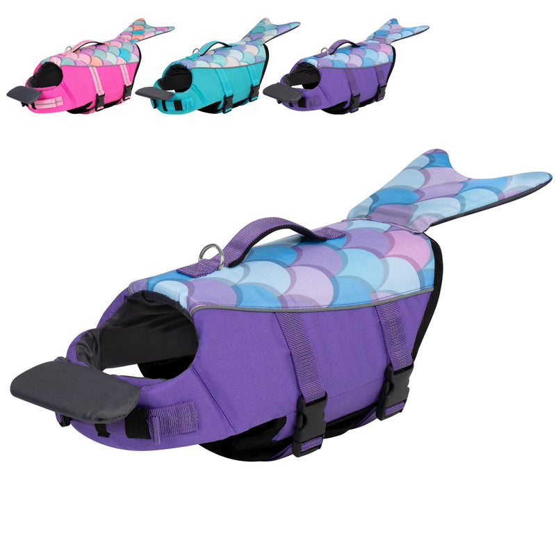 Mermaid-themed dog life jacket with tail fin, available in pink, teal, and purple for pet safety and fun