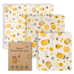 Reusable beeswax food wraps with honeycomb and bee design, eco-friendly kitchen storage solution