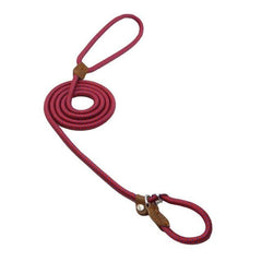 Red braided dog leash with leather accents, coiled for easy storage and handling