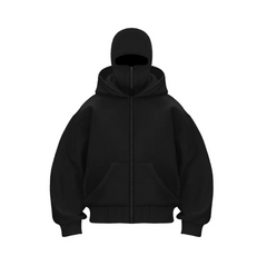 Black zip-up hoodie with hood and front pockets, cozy casual wear for everyday comfort
