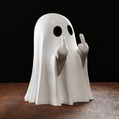 White ghost figurine giving middle fingers, Halloween decor, spooky gift idea