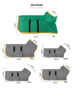 Green and gray pet drying robes with size measurements for XL, L, M, S, XS