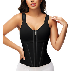 Black front-zip waist trainer corset for women, body shaping shapewear with adjustable straps