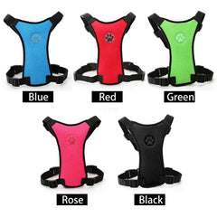 Colorful dog harnesses in blue, red, green, rose, and black with paw print design