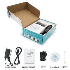 Foot spa kit with control unit, power supply, array, manual, and spoon for home relaxation therapy