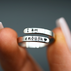 Silver 'I am enough' ring with heart, inspirational jewelry gift for her