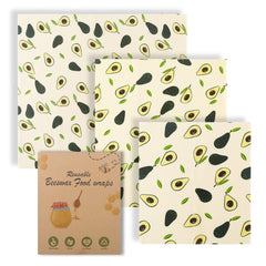 Avocado-patterned reusable beeswax food wraps, eco-friendly kitchen storage solution