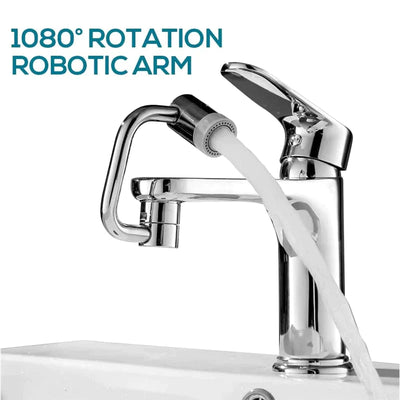 Chrome kitchen faucet with 1080° rotating robotic arm pouring water into sink