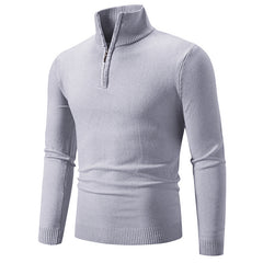 Light gray men's quarter-zip sweater with ribbed collar and cuffs, cozy winter knitwear